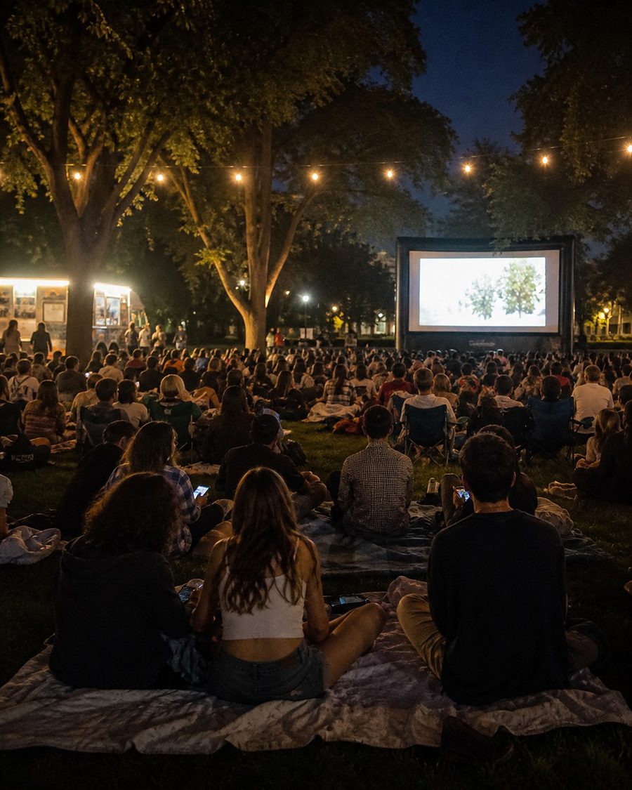 Students on a lawn at an outdoor evening campus screening