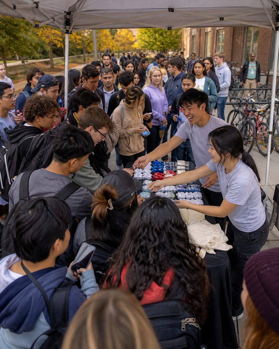 Students crowding a promotional booth on a campus walkway