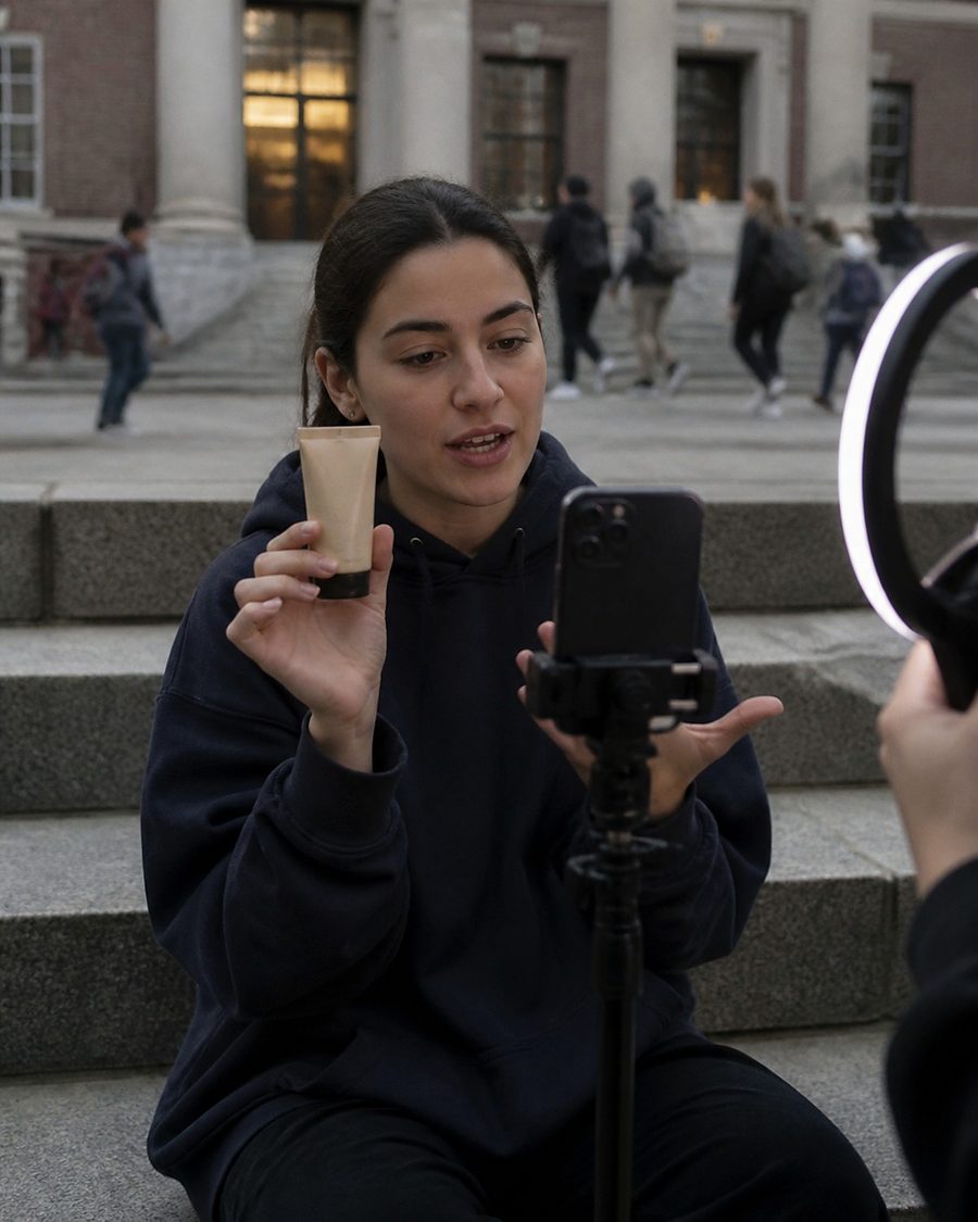 A student filming a vertical video on the steps of a campus building